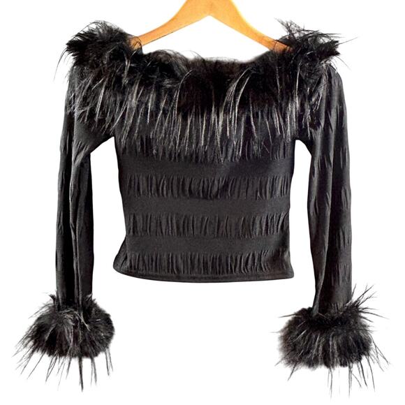 Y2K Style Black Feather Trim Coquette Goth Long Sleeve 90s 2000s Party Clubwear - Picture 2 of 5